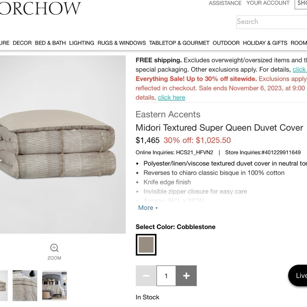 Horchow Queen Duvet. Never Used.